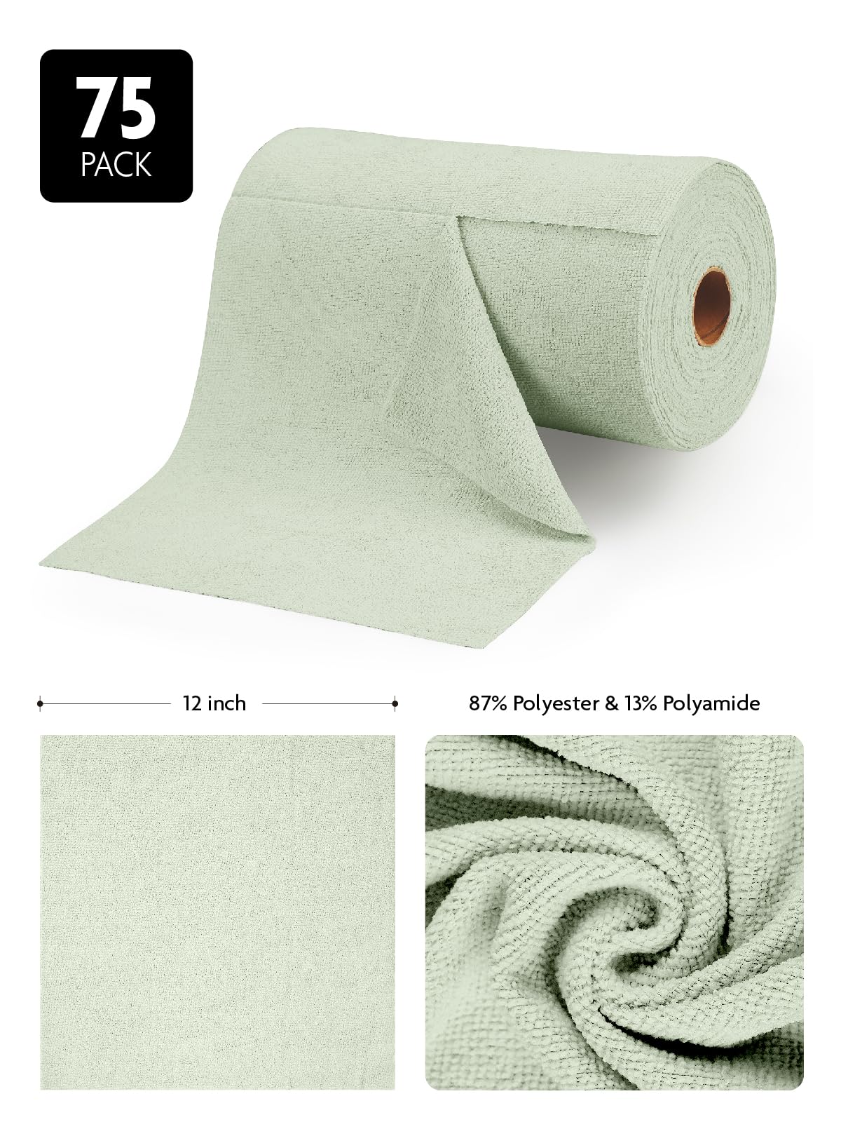 75 Pack Microfiber Cleaning Cloth Roll Tear Away Microfiber Towels 12" x 12"(Moss Green)