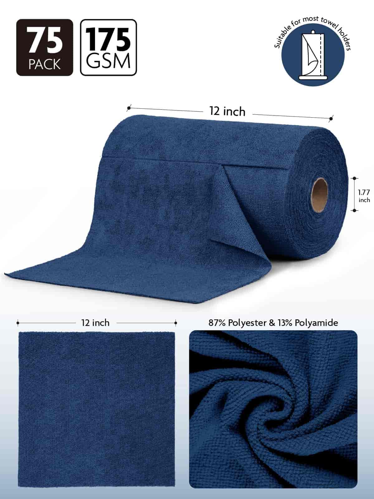 Easy Tear-Away Microfiber Cleaning Roll (75-Pack) - Satisfying, Washable & Reusable - 12"x12"(Navy Blue)