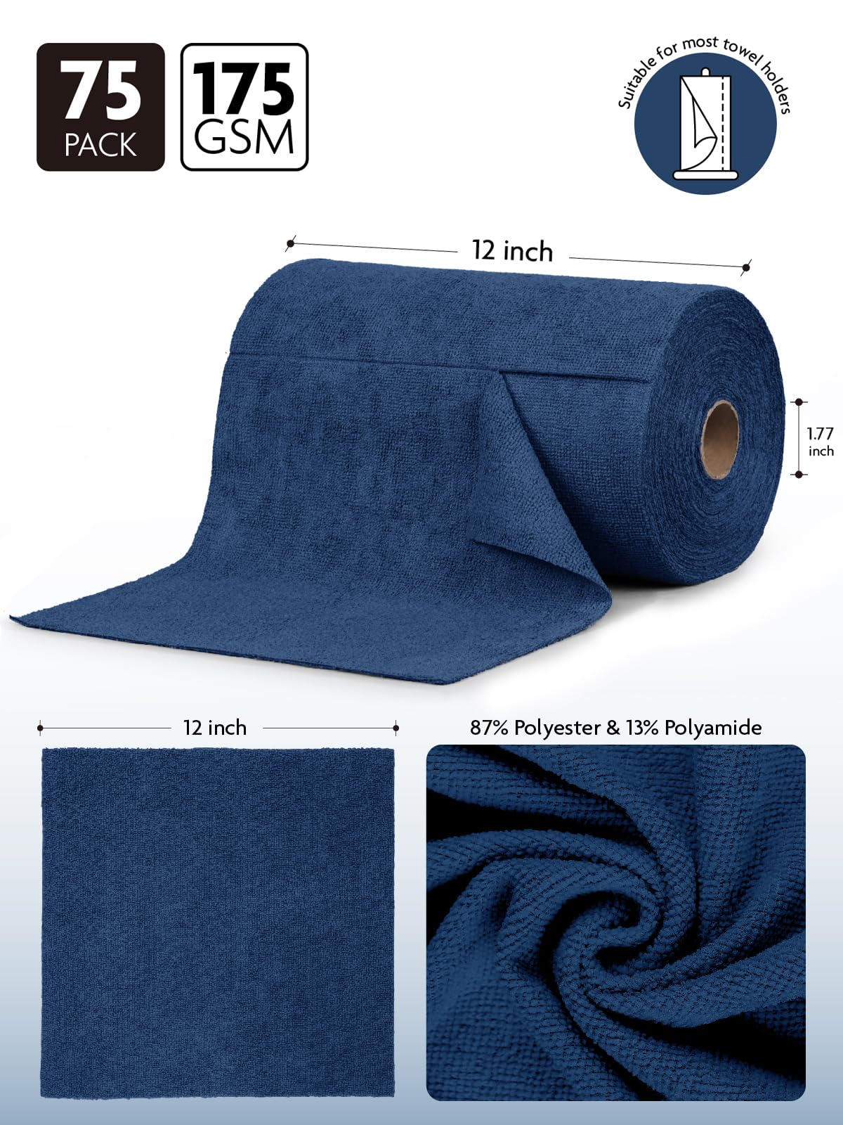 9Pcs Microfiber on a Roll Tear-Away Cleaning Towels, Reusable and Washable Cloths, for Car, House(Navy Blue)