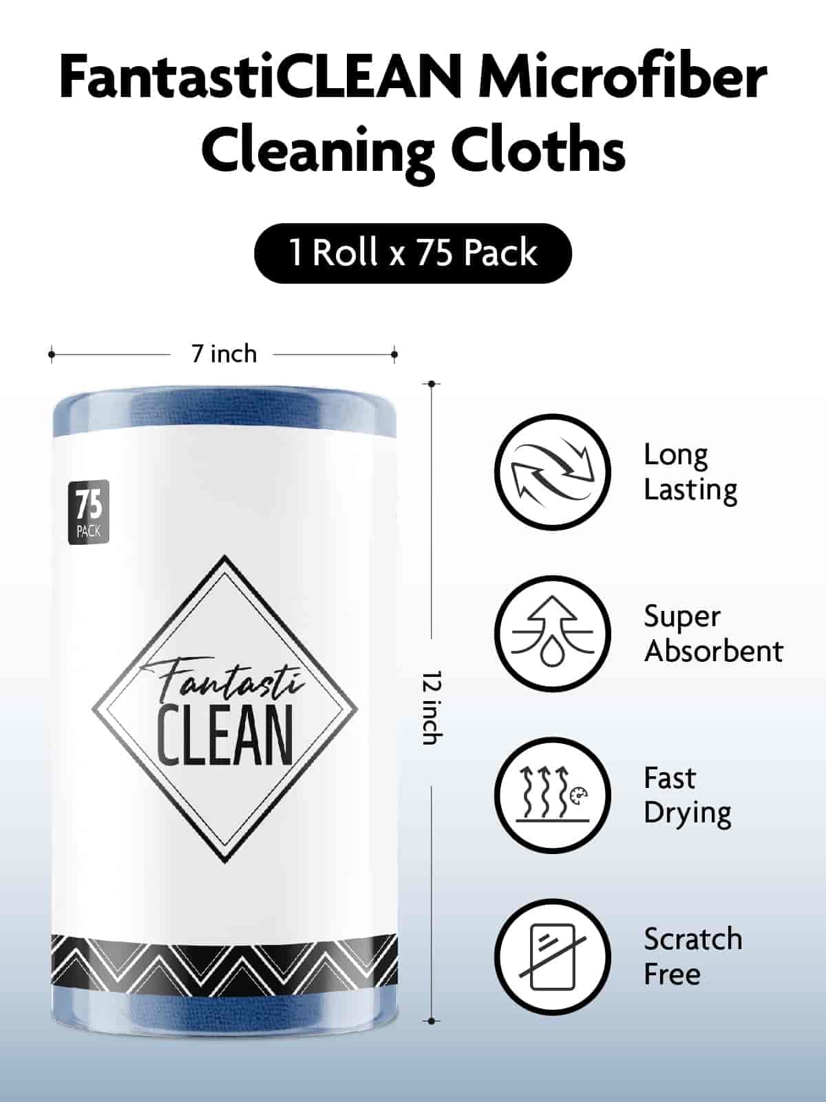Easy Tear-Away Microfiber Cleaning Roll (75-Pack) - Satisfying, Washable & Reusable - 12"x12"(Navy Blue)
