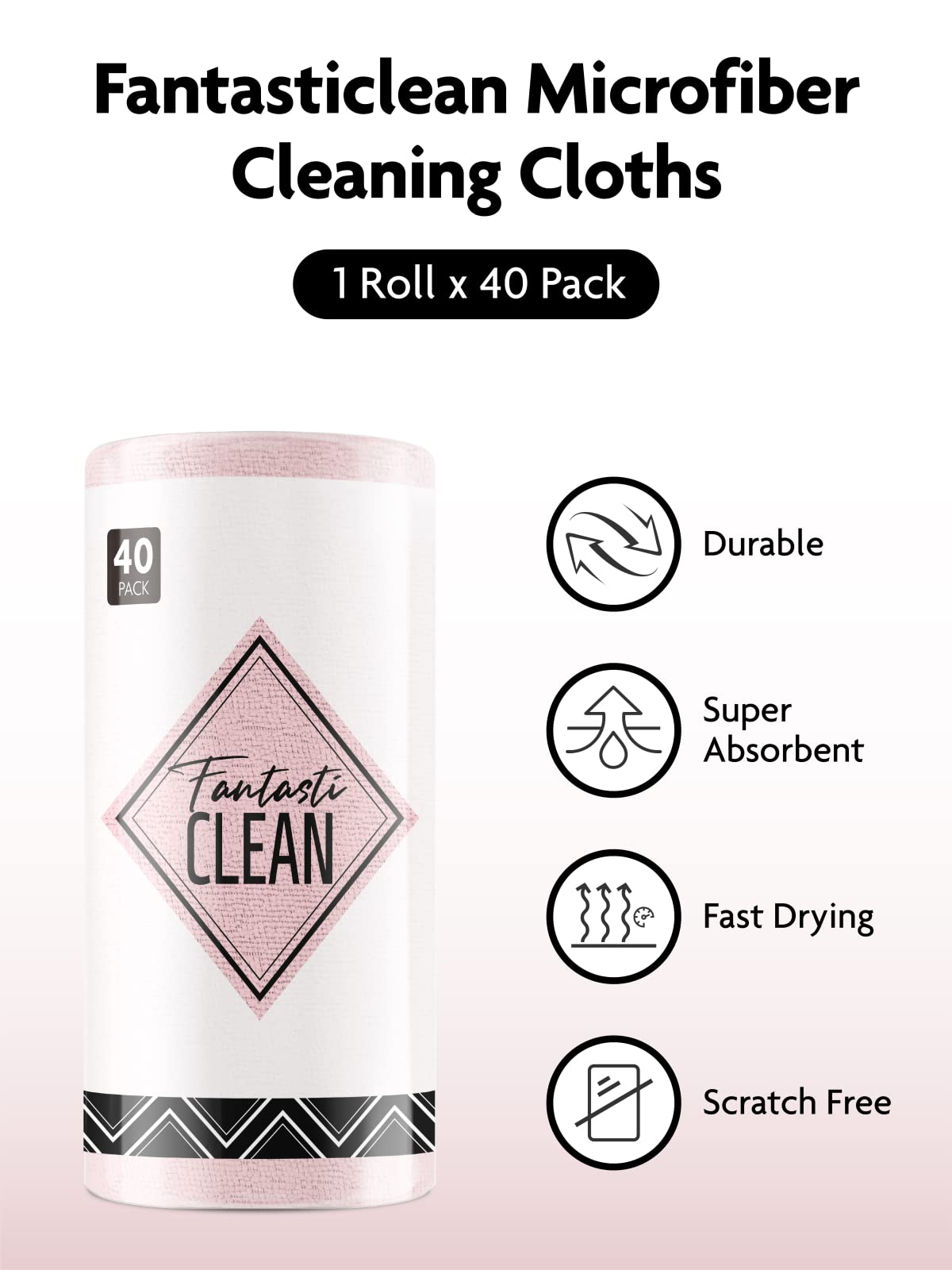 Fantasticlean Microfiber Cleaning Cloth Roll -75 Pack, 12x12, Tear Away Towels, Reusable Washable Rags (Pink)