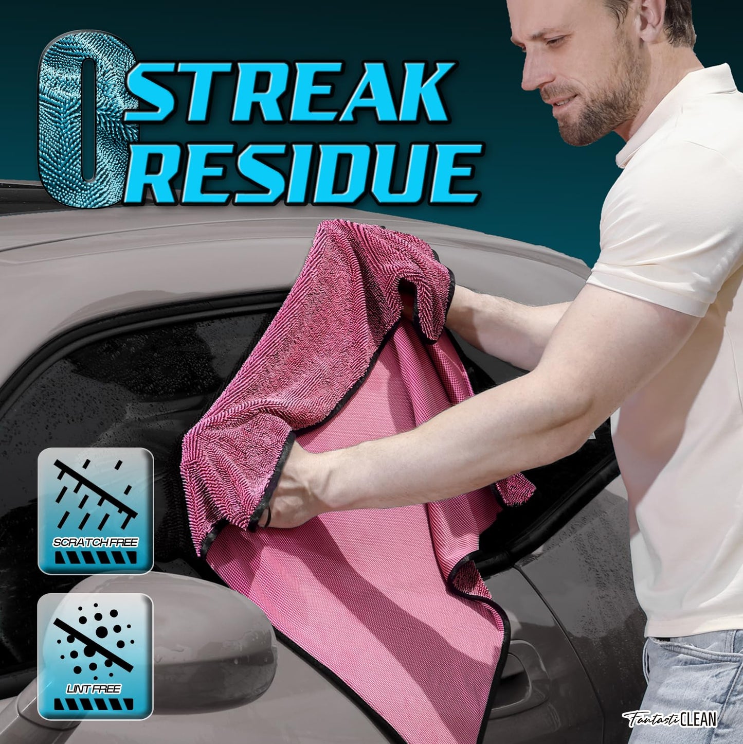 Fantasticlean Large Car Drying Towels- 2 Pack, 32‘’ by 24'' (Pink)