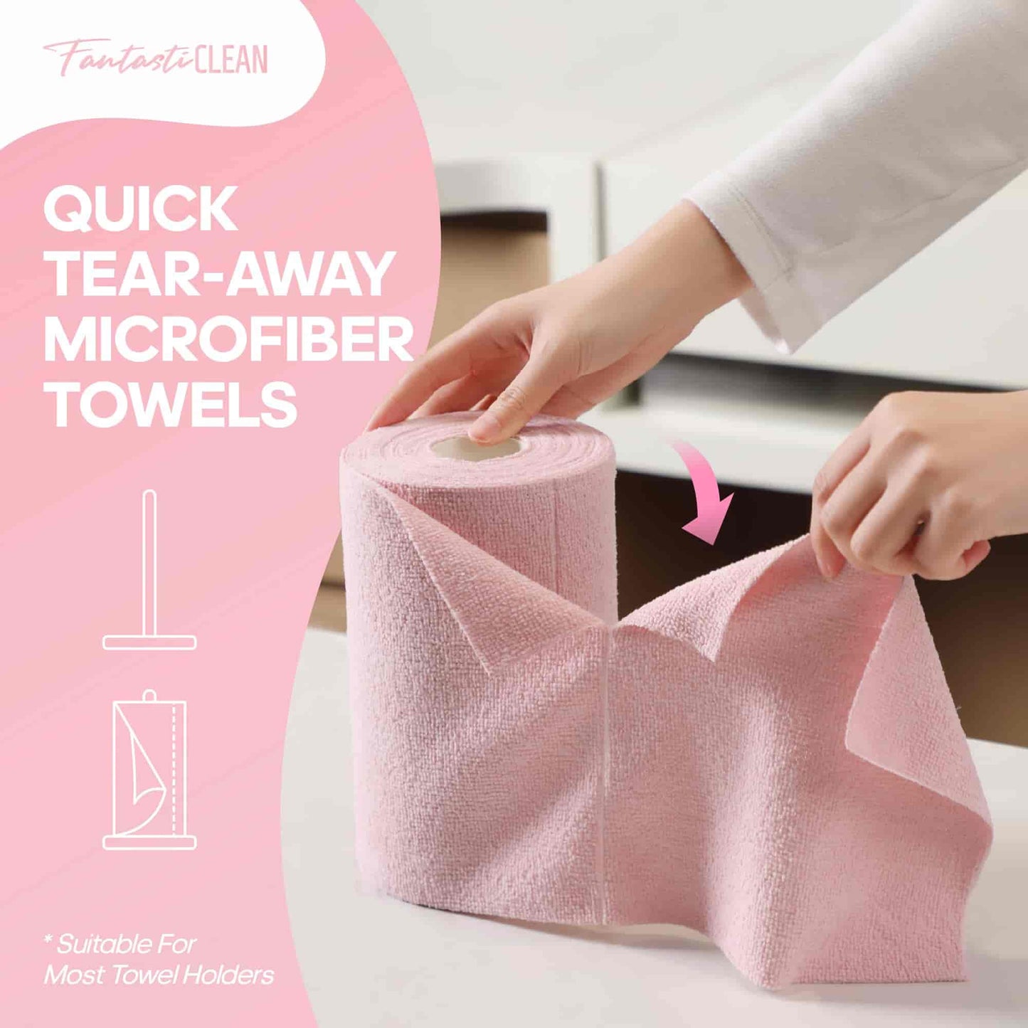 60 Pack Tear-Away Reusable Microfiber Towel Roll - Washable Kitchen Paper Towel Alternative Cleaning Rags (8"x8", Pink)