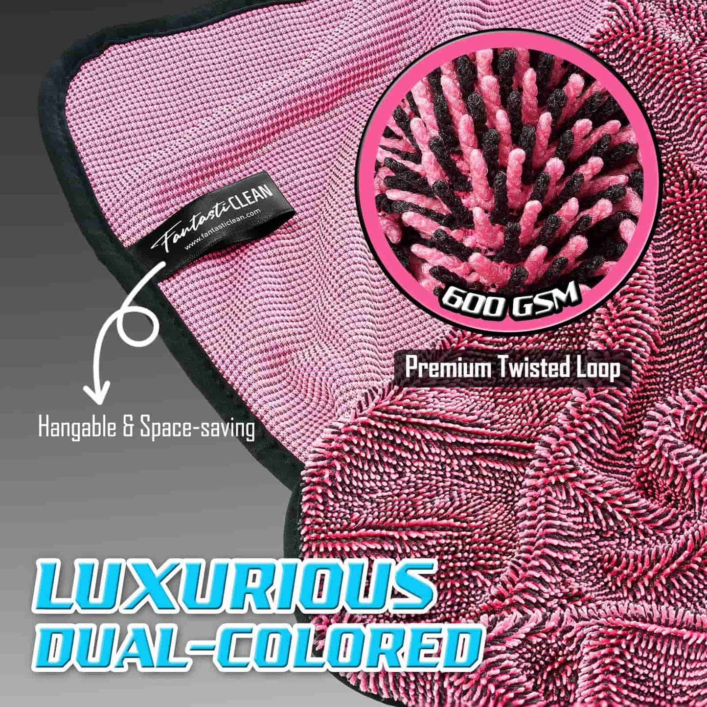 FantastiCLEAN Large Dual-Sided Car Drying Towels 2-Pack - 32"x24" Pink