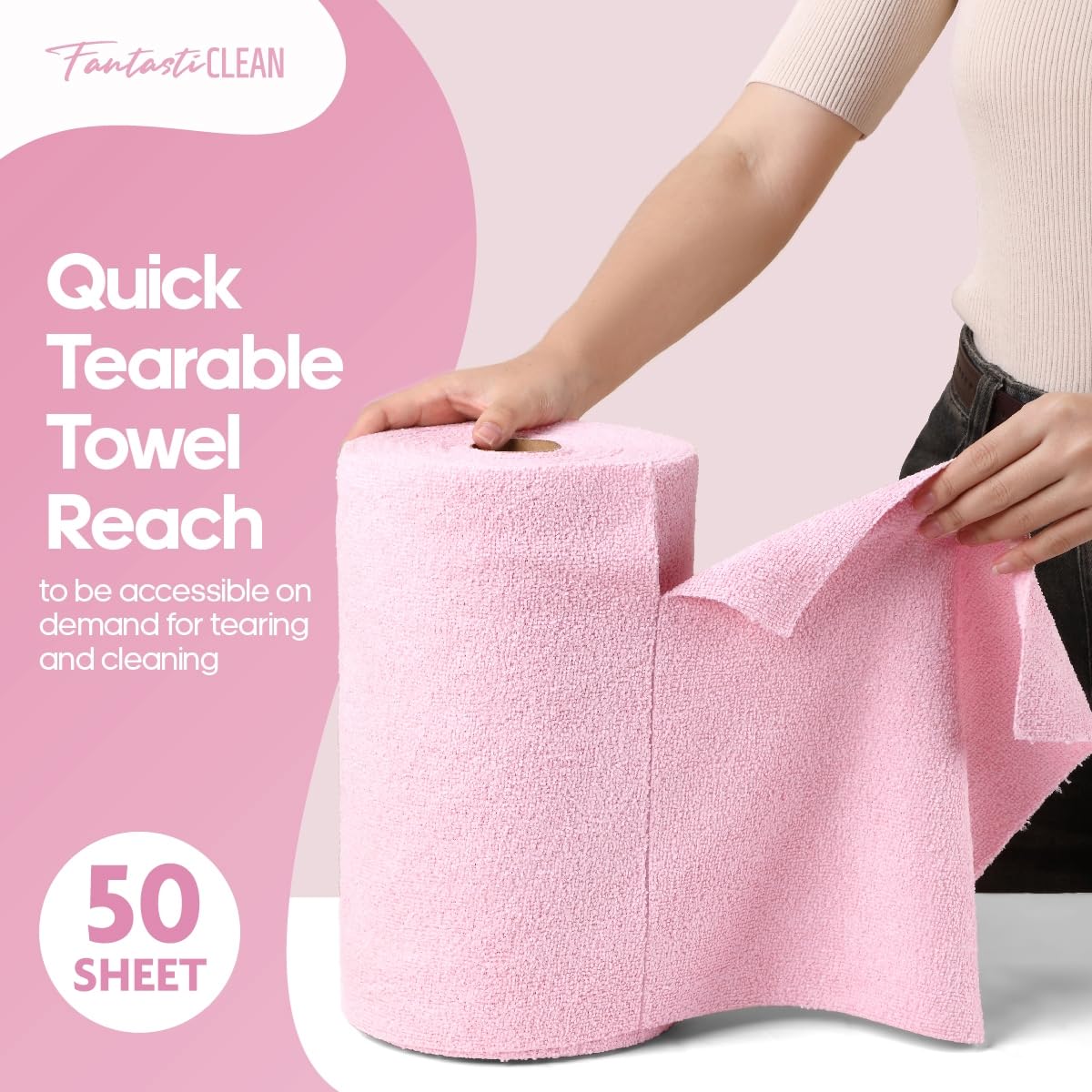 Washable 50 Pack 175gsm Microfiber Rag Cleaning Cloth Tear Away Microfiber Roll Cleaning Towels for Home, Car (Pink)