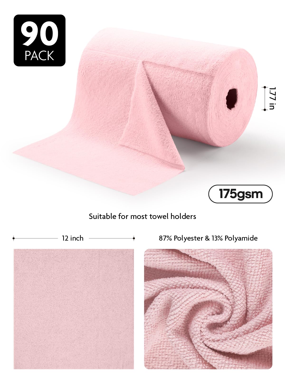 90 Pack Microfiber on a Roll Tear-Away Cleaning Towels, Reusable and Washable Cloths, for Car(Pink)