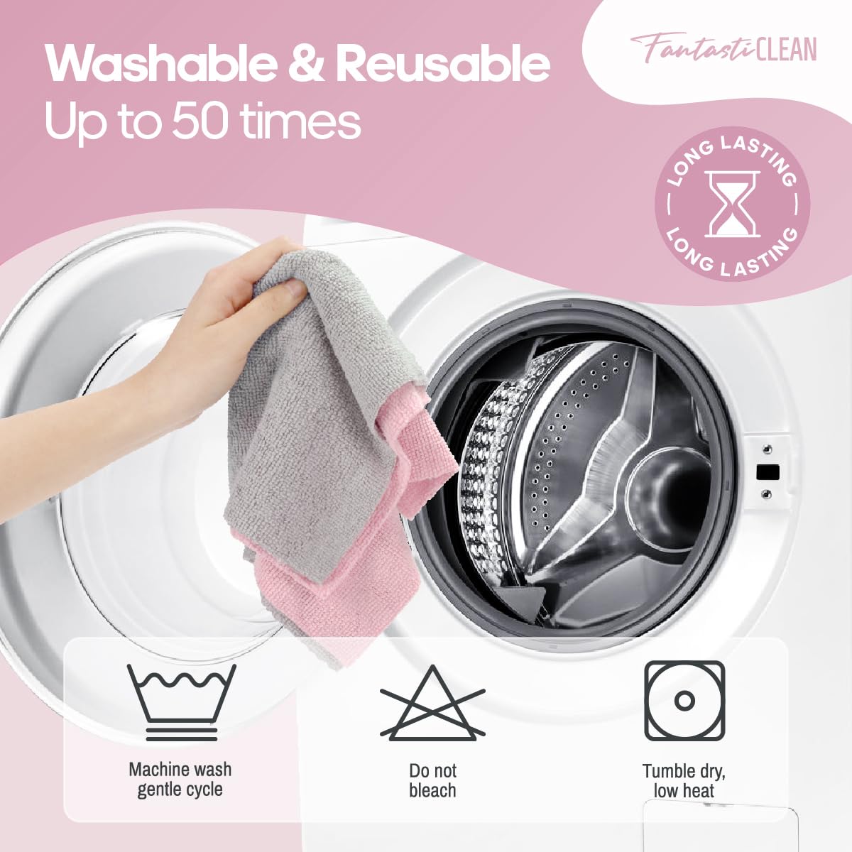 Washable 50 Pack 175gsm Microfiber Rag Cleaning Cloth Tear Away Microfiber Roll Cleaning Towels for Home, Car (Pink)