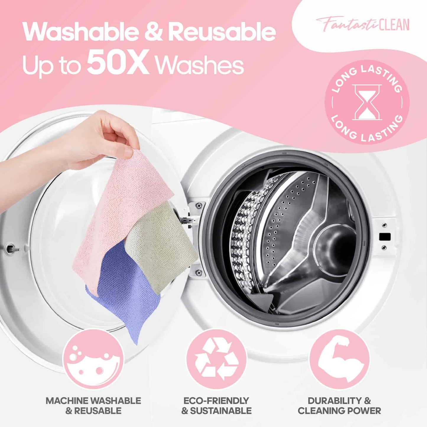60 Pack Tear-Away Reusable Microfiber Towel Roll - Washable Kitchen Paper Towel Alternative Cleaning Rags (8"x8", Pink)