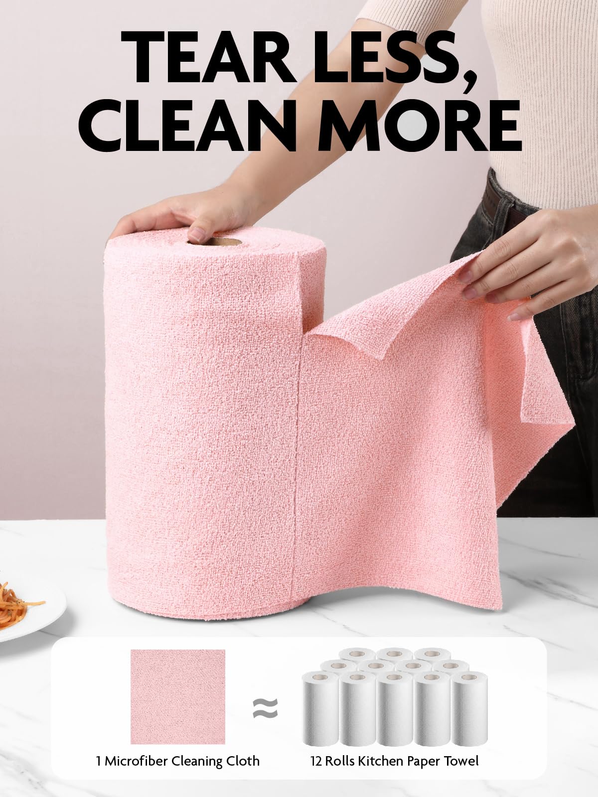 75 Pack Microfiber Cleaning Cloth Roll Tear Away Microfiber Towels 12" x 12"(Pink)