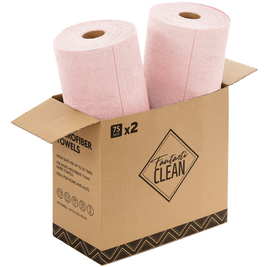 Microfiber Cleaning Cloth Rolls -150 Pack, Tear Away Microfiber Towels, 12" x 12"(Pink)
