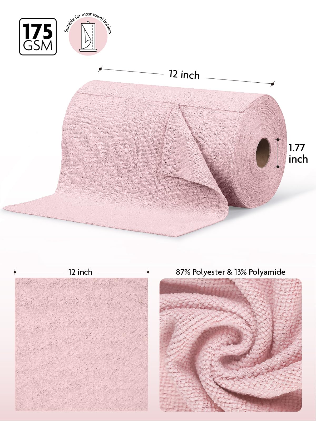 Microfiber Cleaning Cloth Rolls -150 Pack, Tear Away Microfiber Towels, 12" x 12"(Pink)