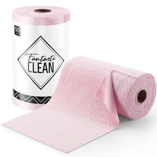 50 Pack 16" x 12" Microfiber Cleaning Cloth Roll Reusable Tear Away Microfiber Towels (Pink Ripple)