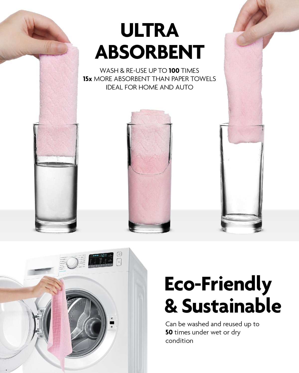 50 Pack 16" x 12" Microfiber Cleaning Cloth Roll Reusable Tear Away Microfiber Towels (Pink Ripple)