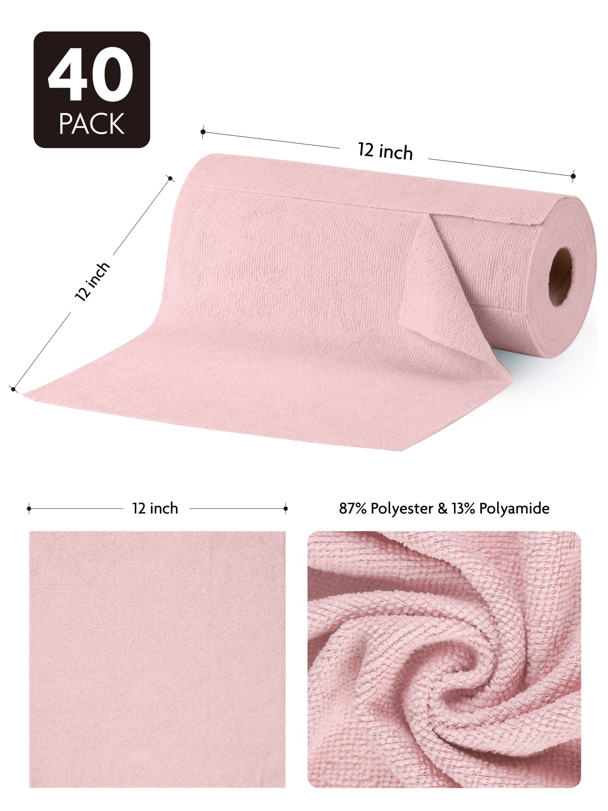New Easy Tear-Away Microfiber Towel Roll (40-Pack) - Ultra-Absorbent, Eco-Friendly & Lint-Free - 12"x12"(Pink)