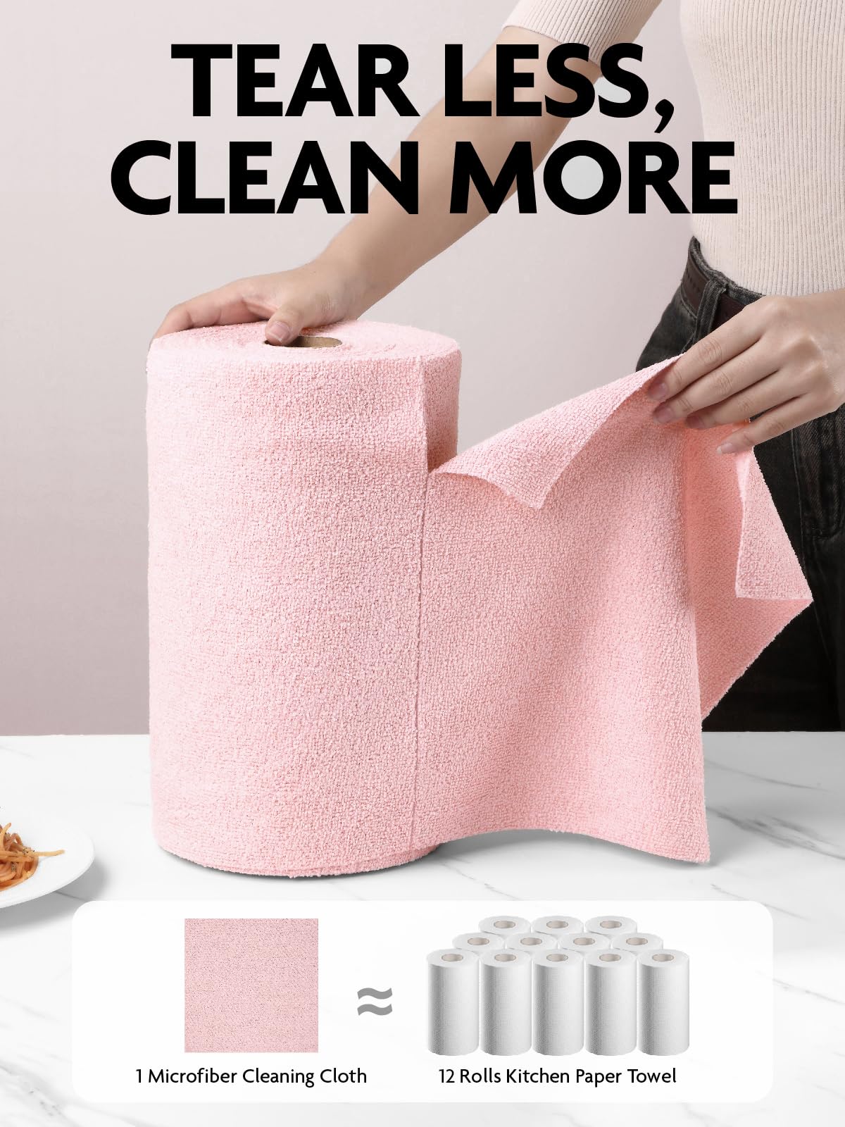 9Pcs Microfiber on a Roll Tear-Away Cleaning Towels, Reusable and Washable Cloths for Car, House(Pink)