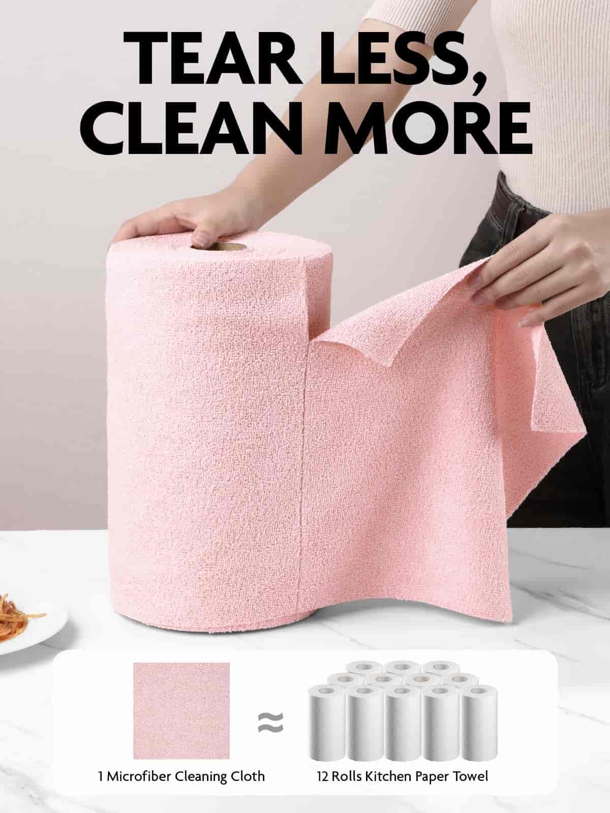 Easy Tear-Away Microfiber Cleaning Roll (675-Pack) - Satisfying, Washable & Reusable - 12"x12"(Pink)