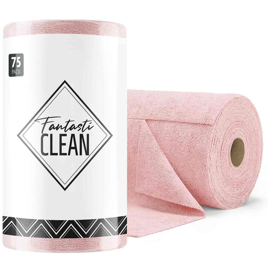 75 Pack Reusable Tear-Away Microfiber Cleaning Cloths Roll - Washable & Absorbent Kitchen Dish Towels (12"x12", Pink)