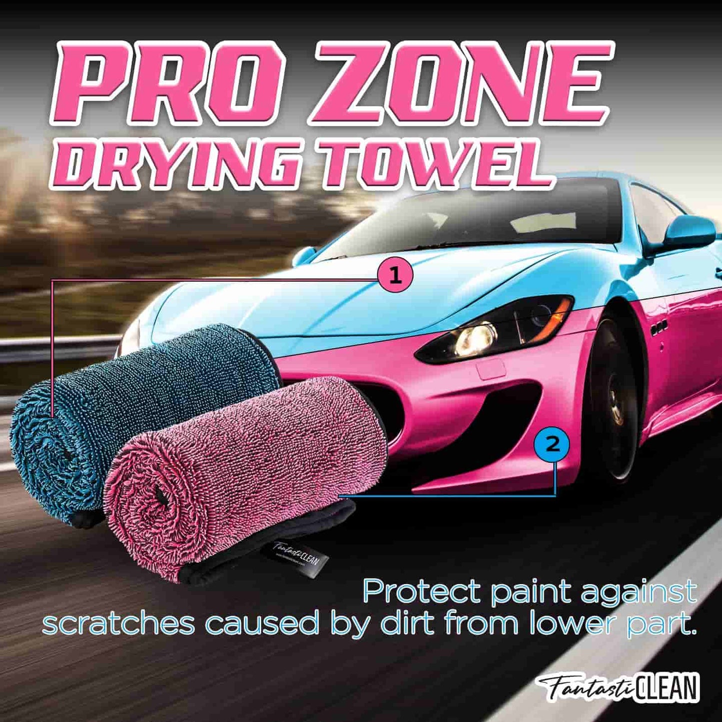 FantastiCLEAN Large Car Drying Towels 2-Pack - 32"x24" Dual-Sided Pink & Blue