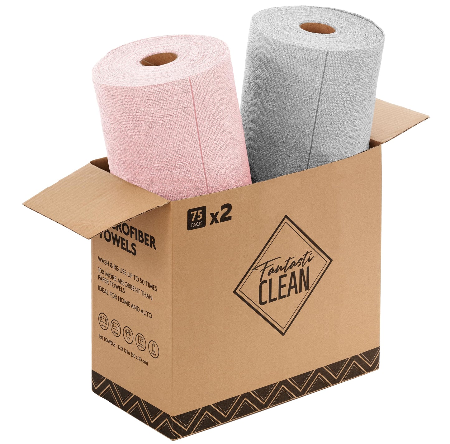 Microfiber Cleaning Cloth Rolls -150 Pack, Tear Away Microfiber Towels, 12" x 12"(Pink & Grey)