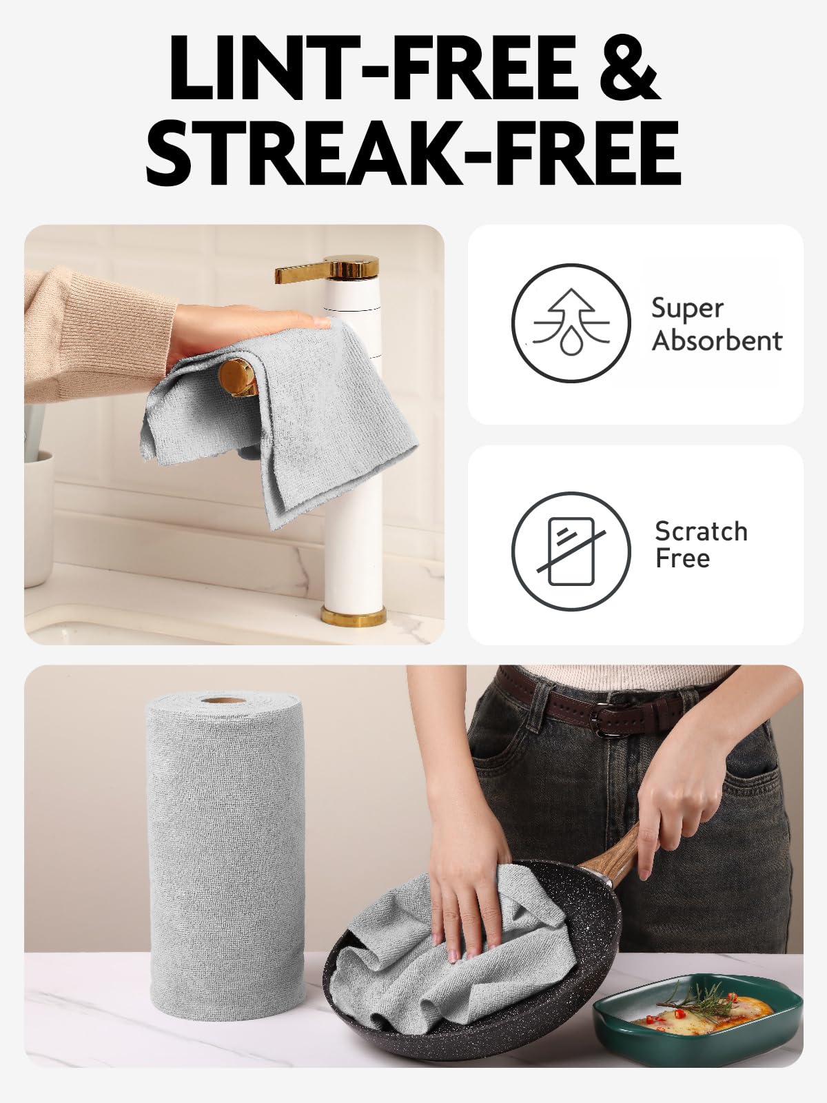 Microfiber Cleaning Cloth Rolls -150 Pack, Tear Away Microfiber Towels, 12" x 12"(Pink & Grey)