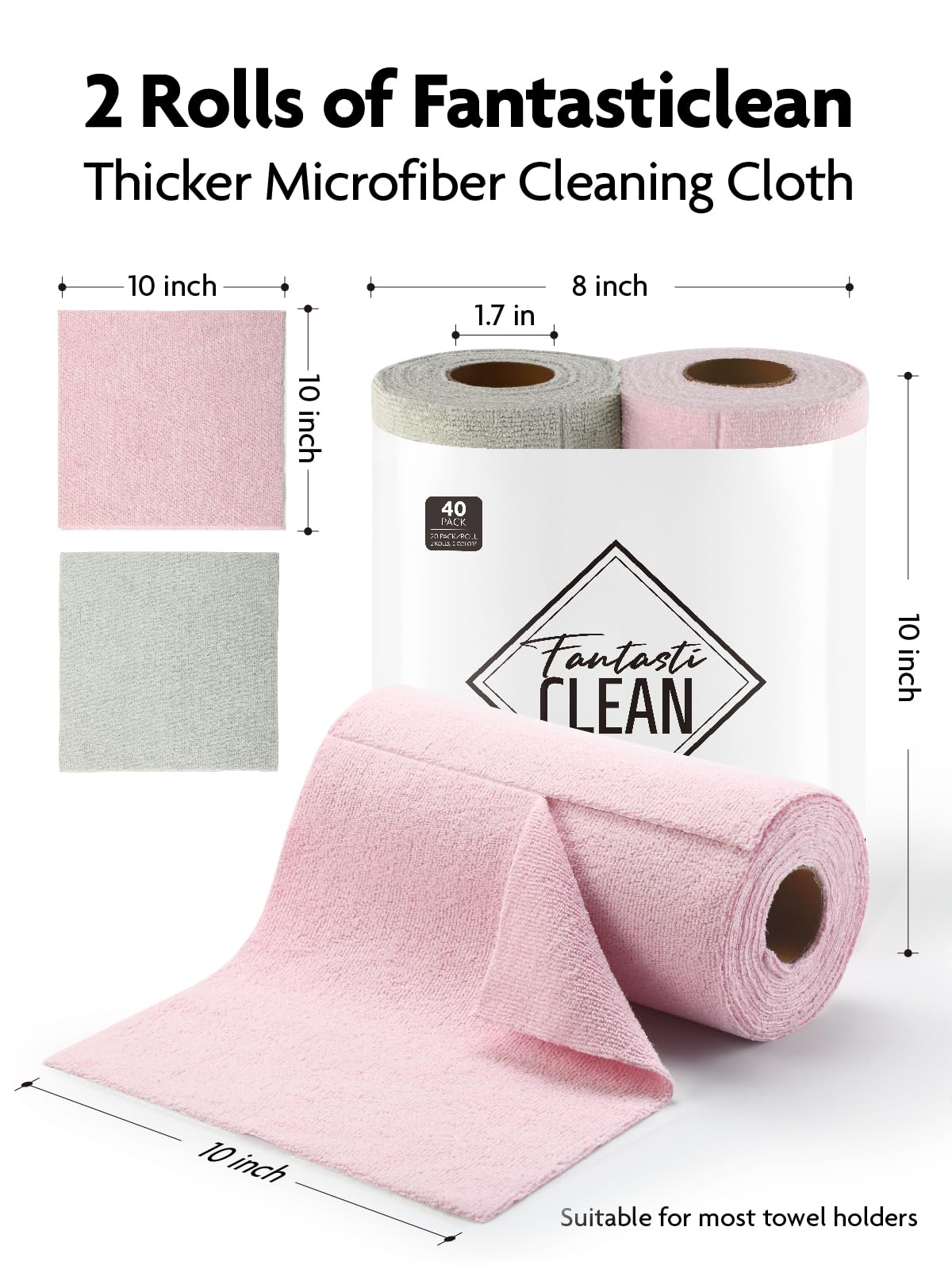 40 Pack Microfiber on a Roll Tear-Away Cleaning Towels, Reusable and Washable Cloths, for Car(2 Rolls of Pink and Grayish)