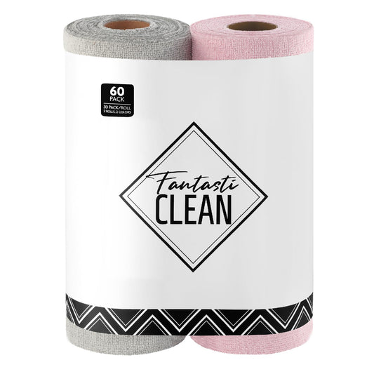 30*2 Pack Microfiber on a Roll Tear-Away Cleaning Towels, Reusable and Washable Cloths, for Car, House（Pink and Grey）