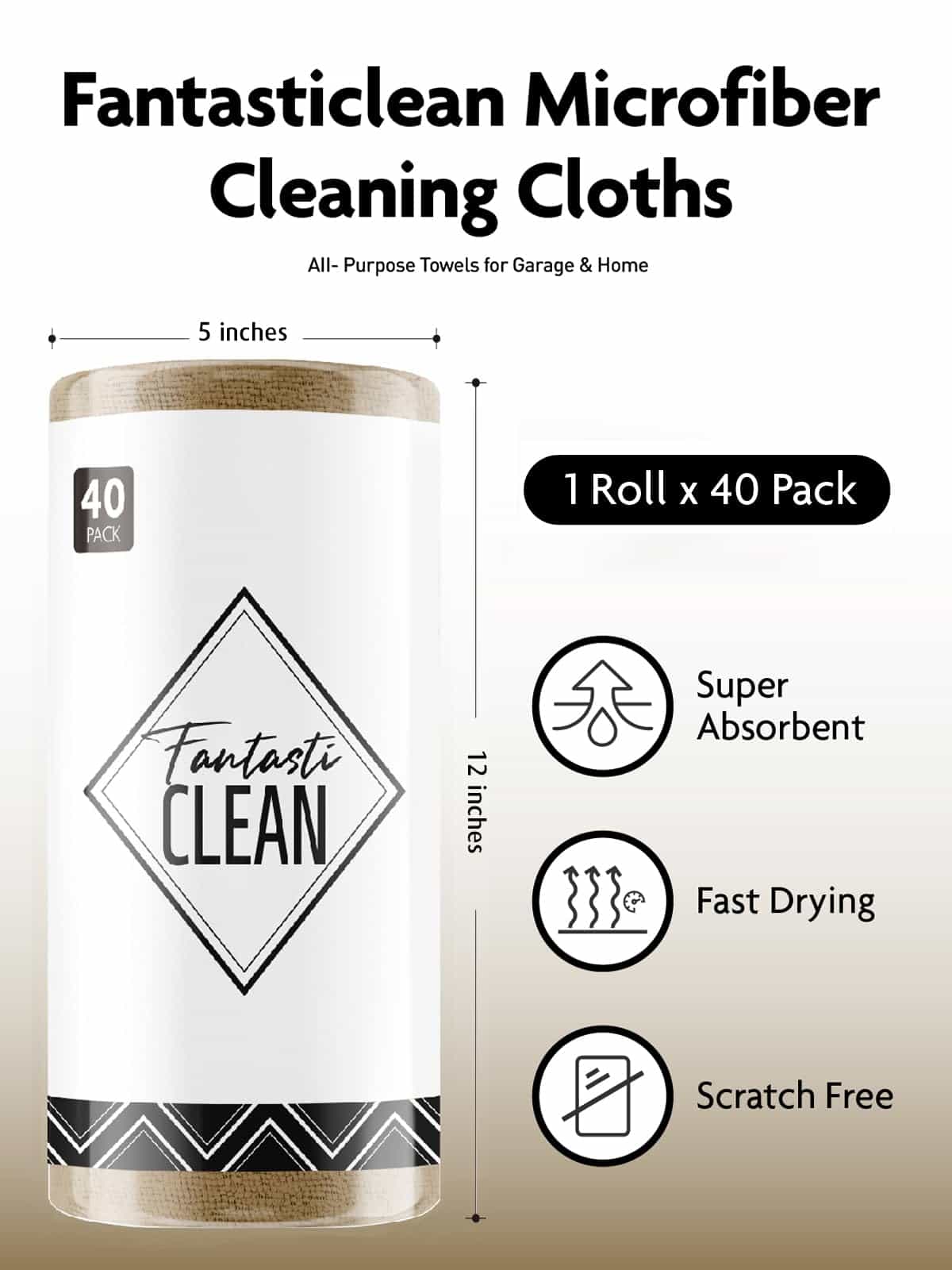 New Easy Tear-Away Microfiber Towel Roll (40-Pack) - Ultra-Absorbent, Eco-Friendly & Lint-Free - 12"x12"(TAN)
