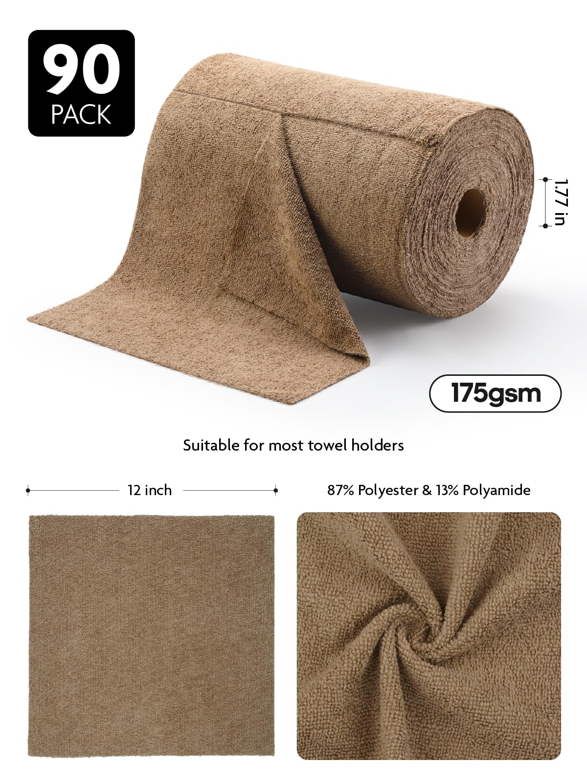 90 Pack Microfiber on a Roll Tear-Away Cleaning Towels, Reusable and Washable Cloths, for Car(Tan)