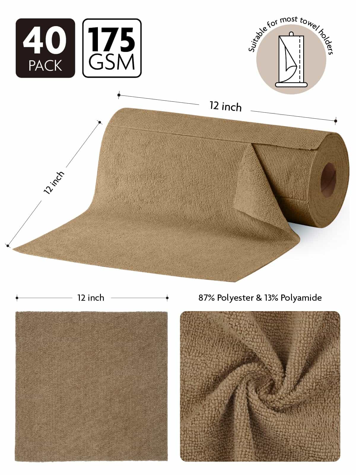 New Easy Tear-Away Microfiber Towel Roll (40-Pack) - Ultra-Absorbent, Eco-Friendly & Lint-Free - 12"x12"(TAN)