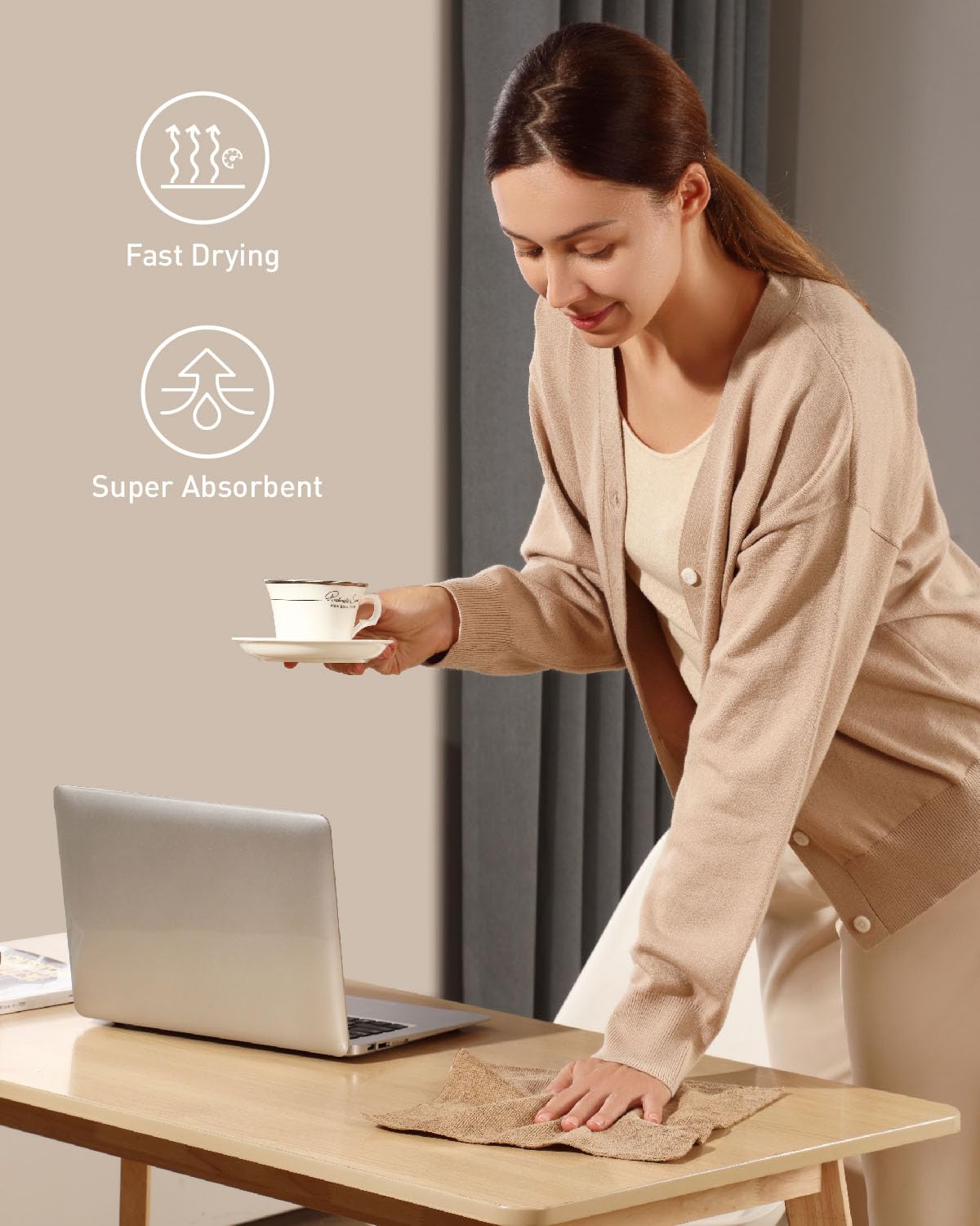 9Pcs Microfiber on a Roll Tear-Away Cleaning Towels, Reusable and Washable Cloths for Car, House(Tan)