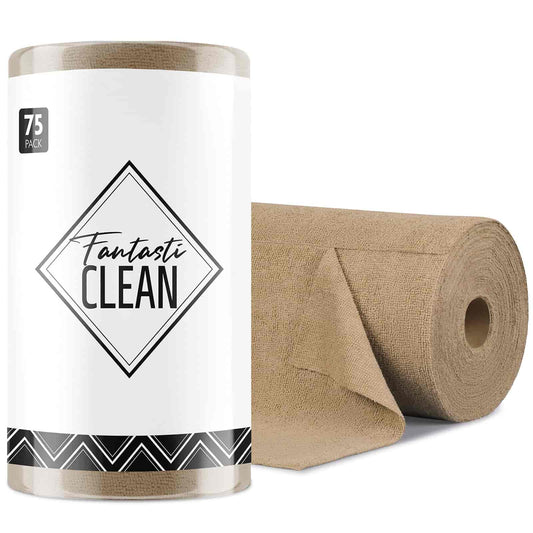 75 Pack Reusable Tear-Away Microfiber Cleaning Cloths Roll - Washable & Absorbent Kitchen Dish Towels (12"x12", Tan)