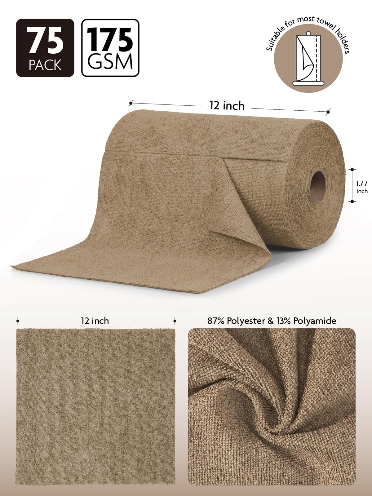 75 Pack Microfiber Cleaning Cloth Roll Tear Away Microfiber Towels 12" x 12"(Tan)