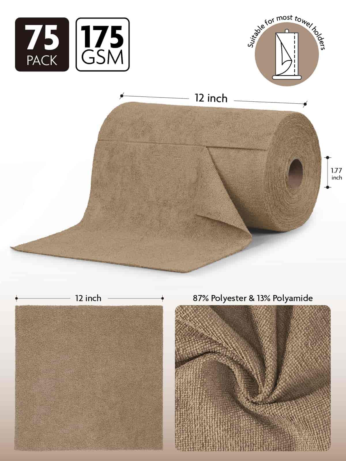 75 Pack Reusable Tear-Away Microfiber Cleaning Cloths Roll - Washable & Absorbent Kitchen Dish Towels (12"x12", Tan)