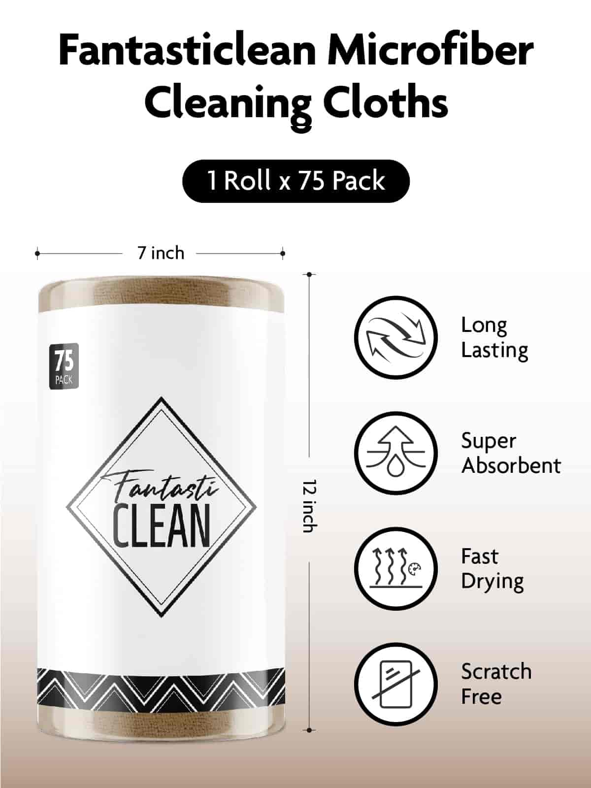 75 Pack Reusable Tear-Away Microfiber Cleaning Cloths Roll - Washable & Absorbent Kitchen Dish Towels (12"x12", Tan)