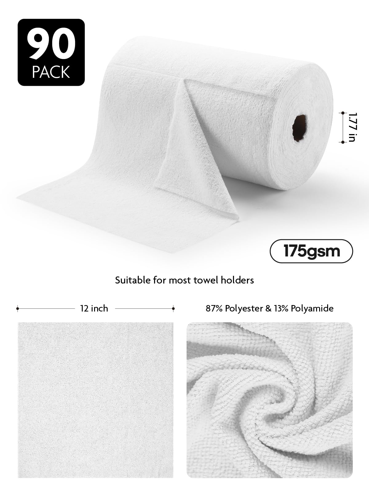 90 Pack Microfiber on a Roll Tear-Away Cleaning Towels, Reusable and Washable Cloths, for Car(White)