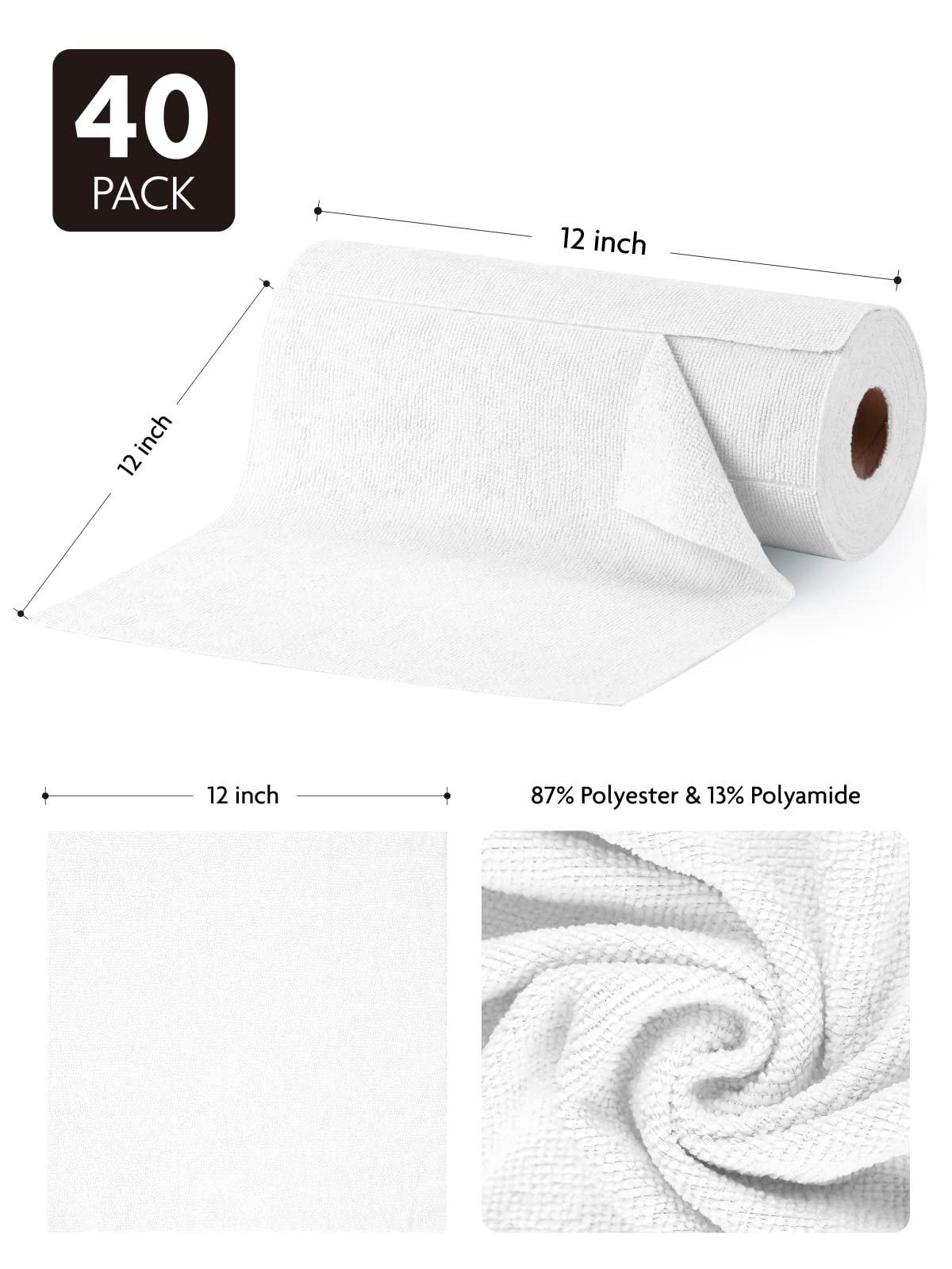 40 Pack Microfiber on a Roll Tear-Away Cleaning Towels, Reusable and Washable Cloths, for Car, House