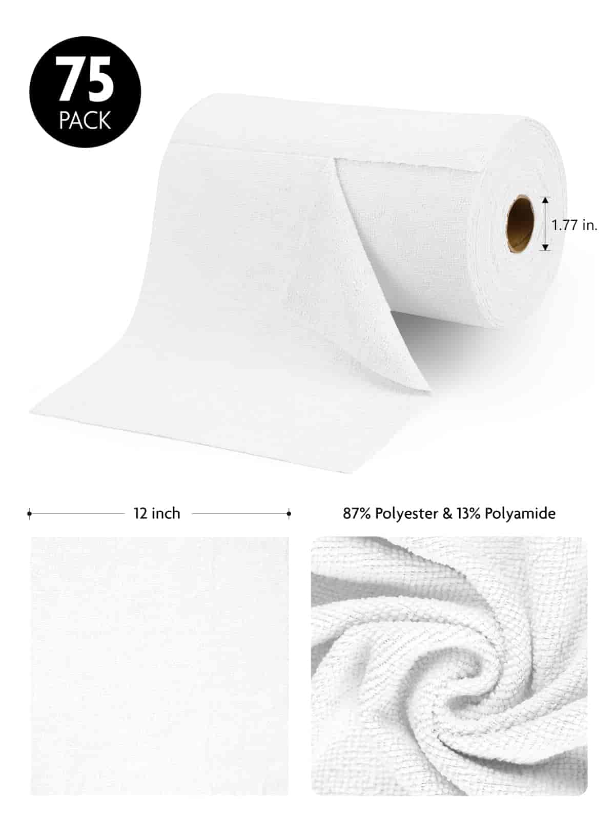 Easy Tear-Away Microfiber Cleaning Roll (75-Pack) - Satisfying, Washable & Reusable - 12"x12" (White)