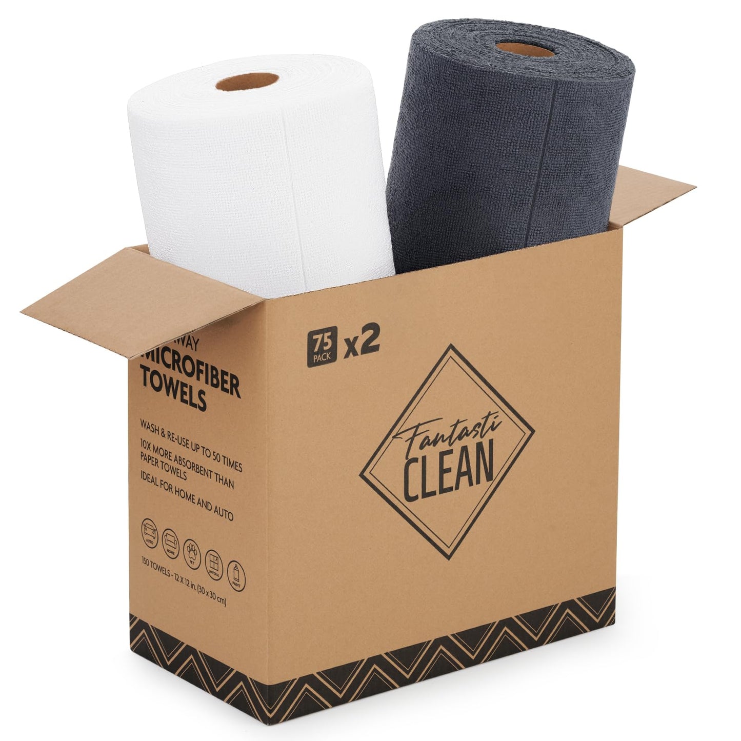 Microfiber Cleaning Cloth Rolls -150 Pack, Tear Away Microfiber Towels, 12" x 12"(White and Dimgray)