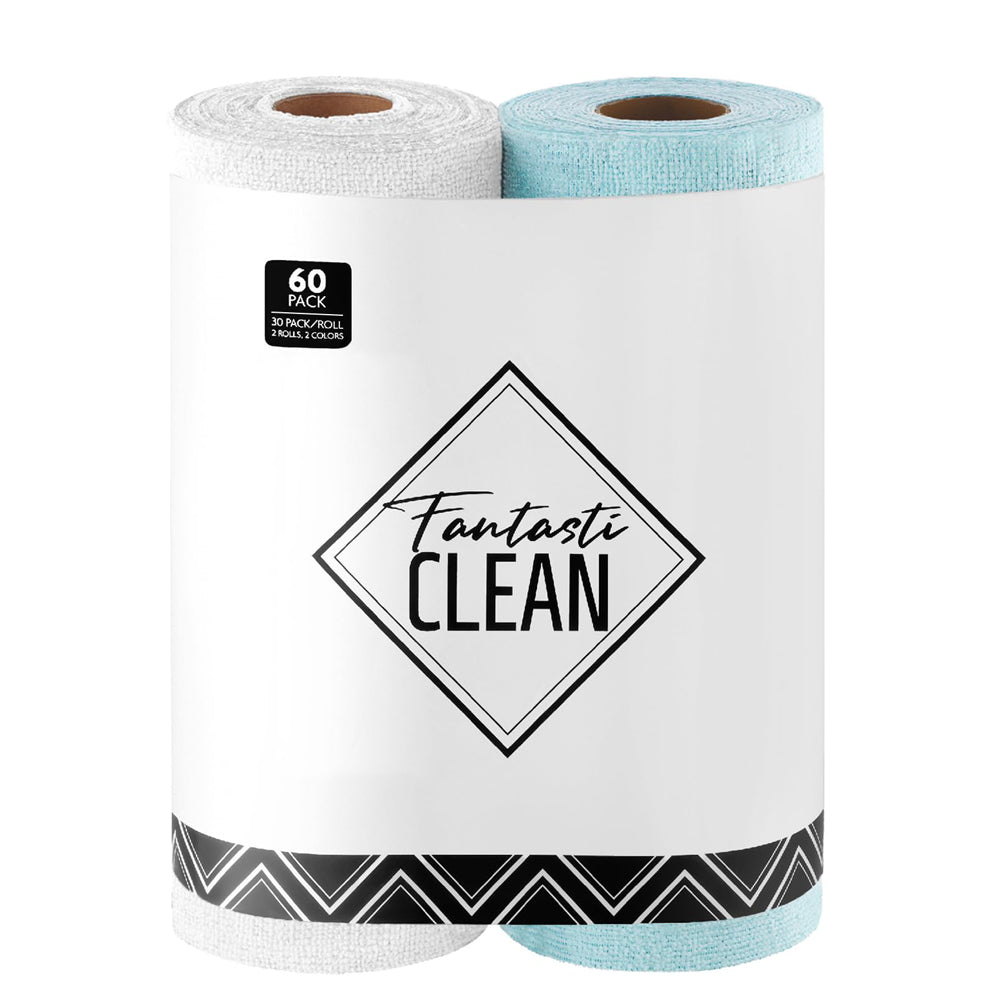 2-in-1 Eco-Roll Set | 60 Reusable Tear-Away Towels - White & Blue